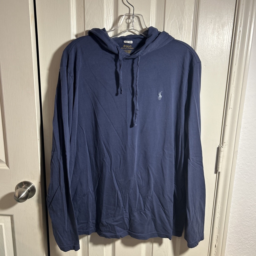 Polo Ralph Lauren Men's Large Pullover Blue T Shirt Hoodie Lightweight Blue